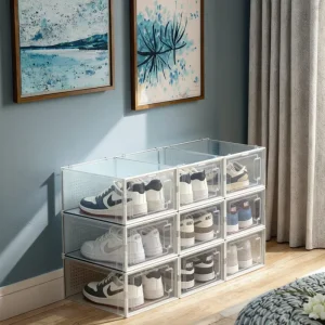 Foldable Stackable Crate Space Saving Sneaker Container Shoe Rack Bin Holder Organizers Shoe Storage Box for Bedroom