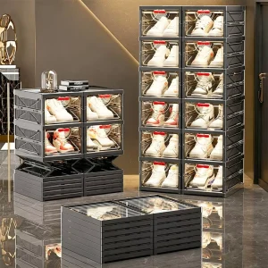 Foldable Transparent Shoe Storage Box Stackable Clear Door Sneaker Organizer Dustproof No Assembly Closet Entryway Display