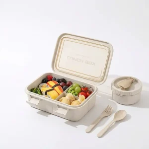 Food Grade 3 Compartment Bento Lunch Box Leakproof Microwave Safe with Soup Cup Container Cutlery for Students School Meals