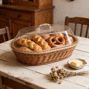 Food Grade Acrylic Lid Rattan Bread Basket Set Custom Shape Woven Storage Basket for Fruit Vegetable Kitchen Home Organization