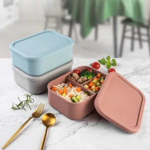 Food Grade BPA Free Silicone Bento Lunch Box Heatable Leak Proof Microwavable 3 Compartment Collapsible Food Storage Container