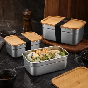 Food Grade Leakproof 304 Stainless Steel Bento Lunch Box with Bamboo Lid for Kids Adults Reusable Sealed Food Container