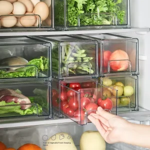 Food Grade PET Clear Multi Layer Stackable Refrigerator Drawer Organizer Box with Drain Plate for Kitchen Fridge Storage
