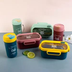 Food Grade PP BPA Free 2 Grids Bento Box with Leak Proof Direct Drinking Cup & Microwavable Water Bottle Set 1L+500ml
