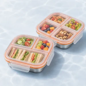 Food Grade Removable 304 Stainless Steel Tray BPA Free 600ml 4 Compartment Dishwasher Safe Metal Lunch Boxes