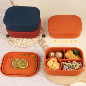Food Grade Silicone 4 Compartments Bento Lunchbox Leak Proof Heatable Eco Friendly School Children Container with Portable Lid