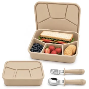 Food Grade Snack and Sandwich Food Container Microwave Safe Divided Box and Metal Cutlery Dishwasher Safe Silicone Lunch Box Set