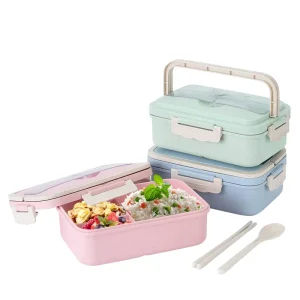 Food Grade Wheat Straw Lunch Box Microwaveable Food Storage Container Boite Bento Box with Spoon and Fork