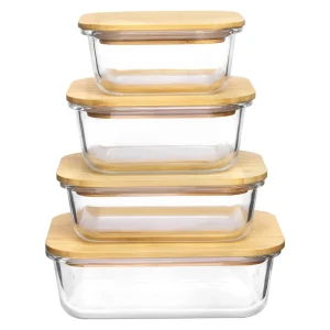 Food Storage Container Set with Bamboo Wooden Lid Large Capacity Refrigerator Keep Fresh Leakproof Reusable Food Bowl with Lids