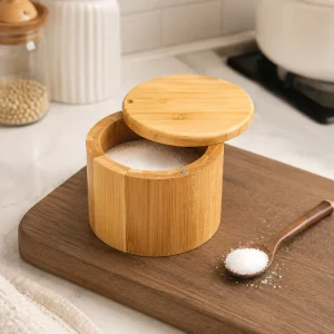 Food safe Bamboo Salt Cellar with Swivel Lid Magnetic Seal Spice Storage Jar for Salt Sugar Coffee Beans Herbs Kitchen Container