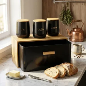 Front Cover Bread Bin Metal Front Opening Design Dustproof Ventilated Bread Storage Box Kitchen Countertop Food Container