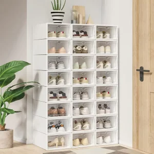 Front Open 12 Pack Transparent Portable Eco Friendly Stackable Sneaker Bins Clear Shoe Storage Container Plastic Shoe Box Home