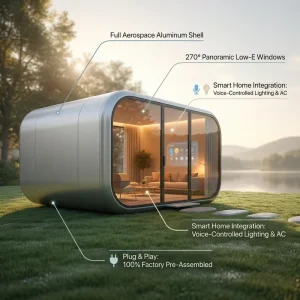 Futuristic Luxury Smart Container House Capsule Space Pod Mobile Office Fully Equipped Prefab Apple Cabin Eco Friendly