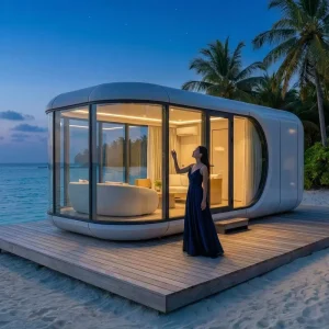 Futuristic Steel Structure Capsule House-Waterproof Fire Resistant Solar Powered Quick-Install Office Buildings Mall Workshop