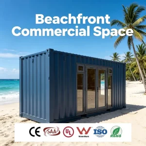 Galvanized Frame Flat Pack Container Seaside Souvenir Shop with Full Glass Display and Anti-Sand Sealing for Tourist Retail