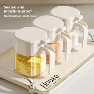 Glass Seasoning Bottle for Kitchen Moisture Proof Salt & Spice Jar with Durable Spoon Flip Cover