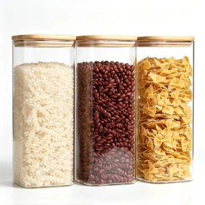 Glass Spaghetti Pasta Storage Containers Tall Clear Airtight Cylinder Bamboo Lid Glass Storage Jars