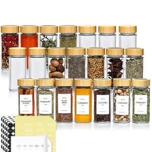 Glass Spice Jars with Labels 4oz Empty Square Spice Bottles with Acacia Wood Lid & Shaker Lids and Silicone Collapsible Funnel