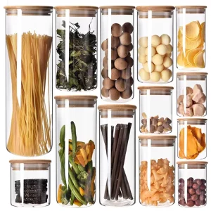 Glass Storage Containers with Airtight Bamboo Lids High Borosilicate Glass Spices Jar Multiple Sizes Bottle for Flour Sugar
