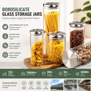 Glass Storage Jar with Stainless Steel Window Lid Airtight Food Container for Coffee Beans Tea Spice Kitchen Pantry Organizer
