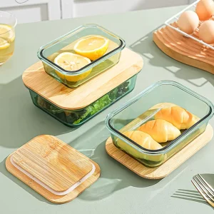 Green Borosilicate Glass Food Container Lunch Box with Bamboo Lid Oven Safe Portable Food Storage for Kitchen