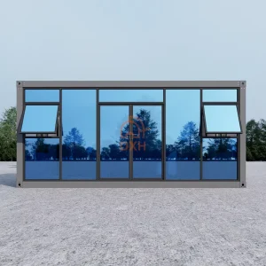 Grey Frame Full Glass Facade Flat Pack Container Office with Awning Windows and Sliding Glass Double Door
