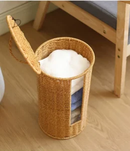 Hand Woven PP Rattan Towel Storage Basket Cylindrical Laundry Organizer Decorative Bin for Home Hotel Bathroom