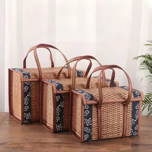 Handmade Bamboo Woven Rectangle Foldable Picnic Basket Natural Wicker Hamper Custom Mini Eco friendly