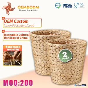 Handmade Natural Water Hyacinth Storage Basket Woven Wicker Laundry Hamper for Bathroom Pantry Organization FSC