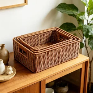 Handmade PP Plastic Woven Rectangular Storage Basket Woven Baskets for Kitchen Bathroom