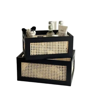 Handmade Rectangle Bamboo Wooden Rattan Kitchen Storage Organizer Box Snack Basket Container With Handles for Home
