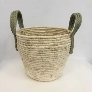 Handmade Woven Corn Husk Basket with Handle Daily Necessities Bins Box Green Plants Container Storage Basket