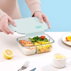 Heat Resistant Square Glass Food Storage Container Set Transparent Rectangular Meal Lunch Box with Locking Lid Divider