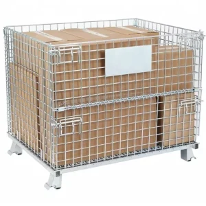 Heavy Duty Carbon Steel Collapsible Wire Mesh Storage Cage Stackable Pallet Container for Warehouse Racking System