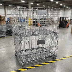 Heavy Duty Collapsible Stackable Galvanized Wire Mesh Storage Cage Container Pallet Basket for Warehouse Logistics