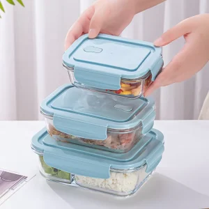 High Boron Glass Microwave Safe Rectangular Lunch Box with Plastic Lid for Student Preservations