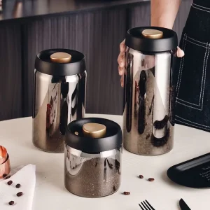 High Borosilicate Glass Coffee Bean Storage Jar Vacuumized Press Lid Sealed Black White Colours Plastic (PP) Container