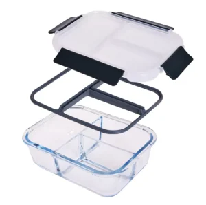High Borosilicate Glass Food Storage Container Set with 3 Compartments Leak Proof Microwavable Stackable