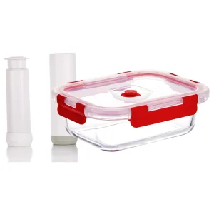 High Borosilicate Heatable Microwavable Steamable Airtight Glass Food Container Red Lid Vacuum Sealed 0-1L Capacity Carton