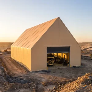 High Eave 8m Clear Span Mining Warehouse Fabric Building A-Frame Gable 30x60ft Warm Beige PVC for Underground Mining Workshop
