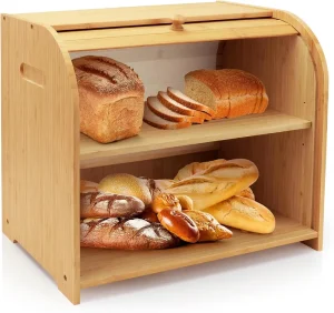 High Quality Bamboo Roll Top Double Layer Freshness Preserving Bread Storage for Homemade Bread Natural Breadbox Organizer