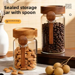 High end Chinese Style Glass Storage Jar with Rosewood Lid and Spoon Airtight Container for Coffee Beans in Kitchen Canister