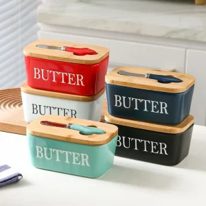 High quality Unbreakable Ceramic Keeper Cheese Box Sealing Storage Tray Plate Container Butter Dish Curler Knife with Lid