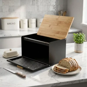 Hinged Lid Bread Box Metal Front Opening Design Dustproof Ventilated Bread Storage Box Kitchen Countertop Food Container