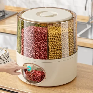 Home and Kitchen Clear Organization Plastic 6 Grid Dry Food Storage Containers 360° Rotating Rice Barrel Cereal Grain Dispensers