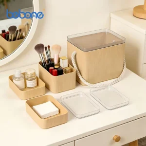 Household ABS+PC Woven Eco Friendly Modern Storage Basket Bamboo Lid Desktop Cosmetic Organizing Container