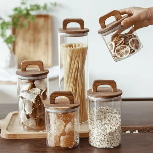 Household Kitchen Bulk Grain Tangerine Peel Coffee Bean Glass Airtight Storage Jar Solid Wood Lid Large Capacity Multiple Sizes