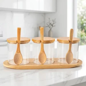 Household Kitchen Salt Jar Transparent Glass Bamboo and Wood Lid Seasoning Jar 3pcs Round Glass Condiment Containers
