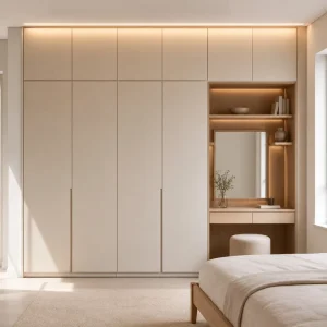 In-line Straight Bedroom Wardrobe with Integrated Vanity Desk One-Stop Whole House Customized Storage Closet