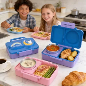 Insulated Lunch Box Cute BPA Free PP Plastic 3 Compartments Portable Bento Box Kids Lunch Box Set for School